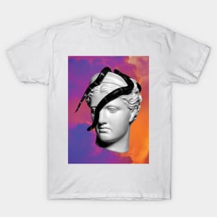 Head In The Clouds, Trippy Abstract Collage Composition; Snake, Sculpture, and Colorful Clouds T-Shirt